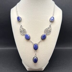Openwork Boho Necklace Blue Stones Silver Filigree Leaf Witchy Fairy Whimsygoth